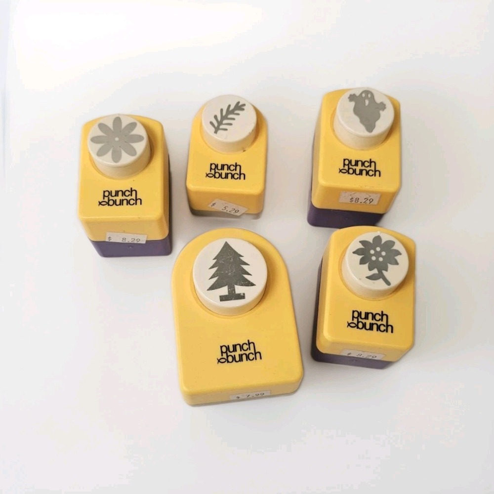 Lot Of 5 Punch Bunch Paper Punches Ghost, Christmas Tree, (2)Flowers, And Leaf